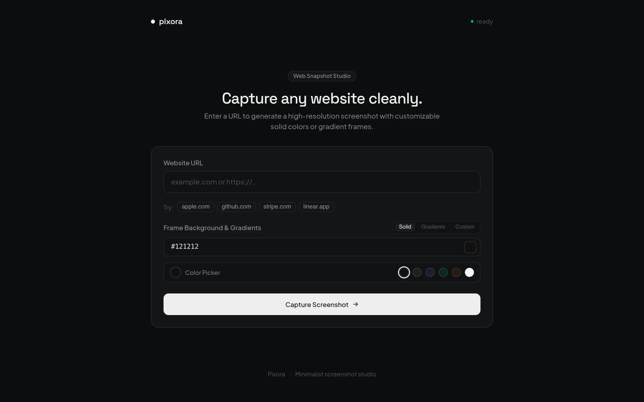 Pixora’s actual website screenshot interface